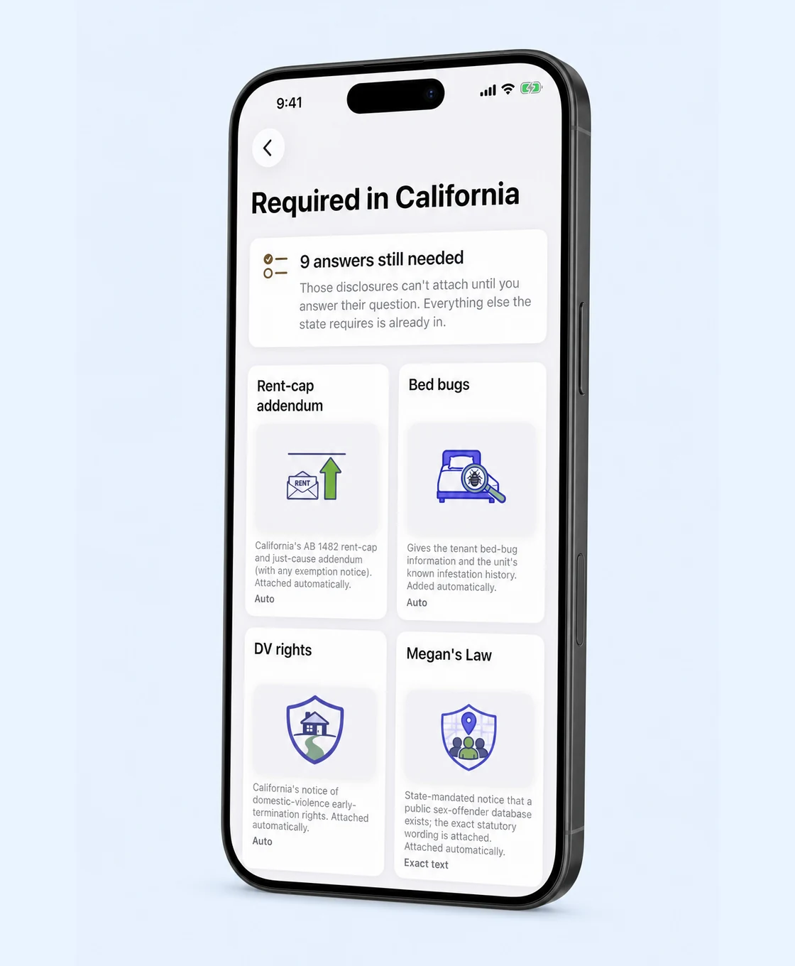 The Required in California screen: nine answers still needed, then cards for the rent-cap addendum, the bed-bug notice, domestic-violence rights and Megan's Law, each marked as attached automatically.