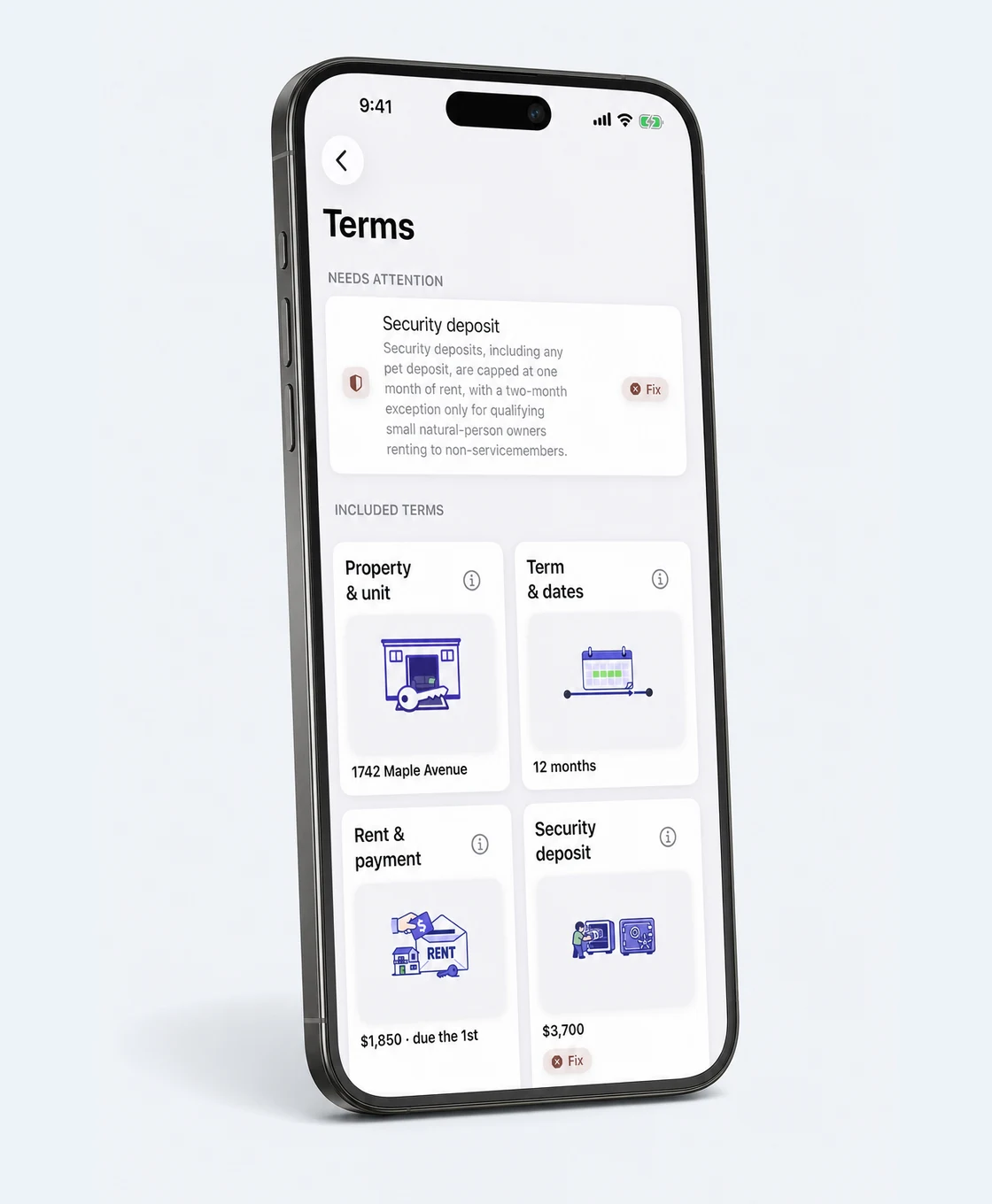 The Terms screen. A Needs attention card says security deposits, including any pet deposit, are capped at one month of rent, with a Fix button beside it, above the term tiles for 1742 Maple Avenue, 12 months, $1,850 rent and a $3,700 deposit.