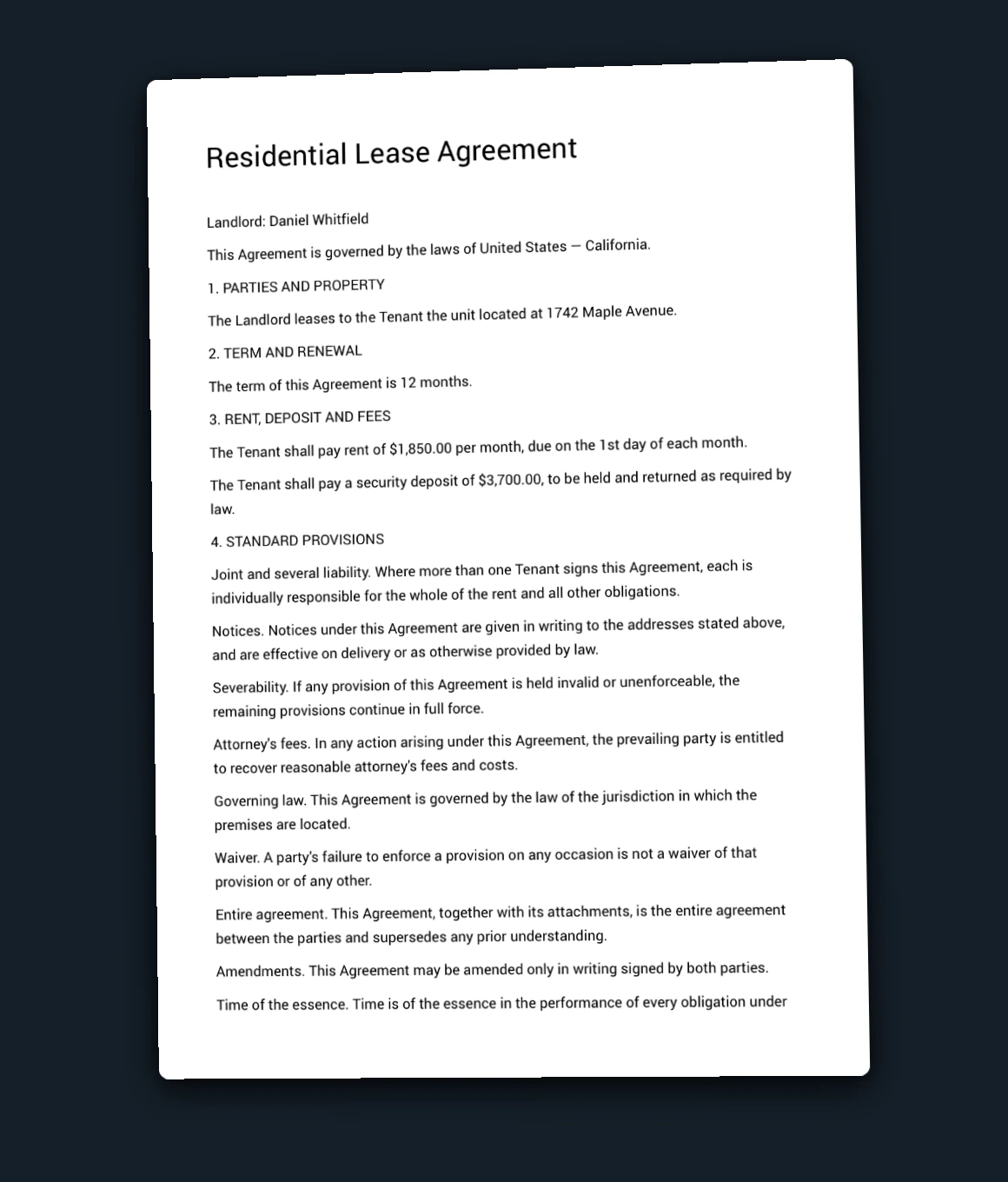 The first page of the lease the app renders: Residential Lease Agreement, governed by the laws of United States — California, with the parties, the 12-month term, $1,850 rent, a $3,700 deposit and the standard provisions.