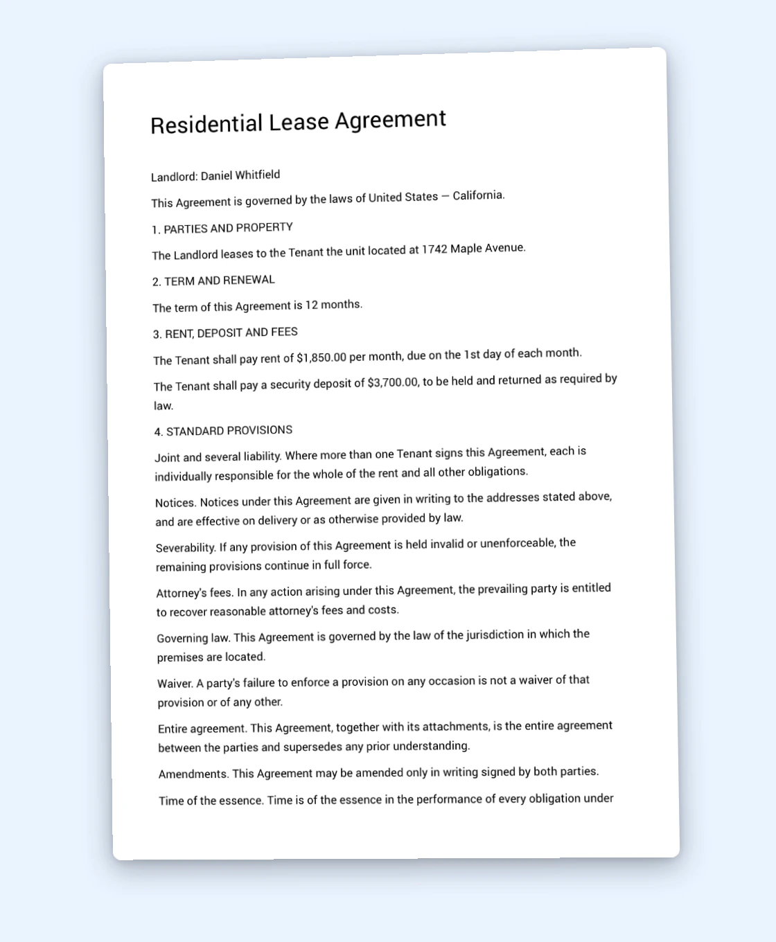 The first page of the lease the app renders: Residential Lease Agreement, governed by the laws of United States — California, with the parties, the 12-month term, $1,850 rent, a $3,700 deposit and the standard provisions.